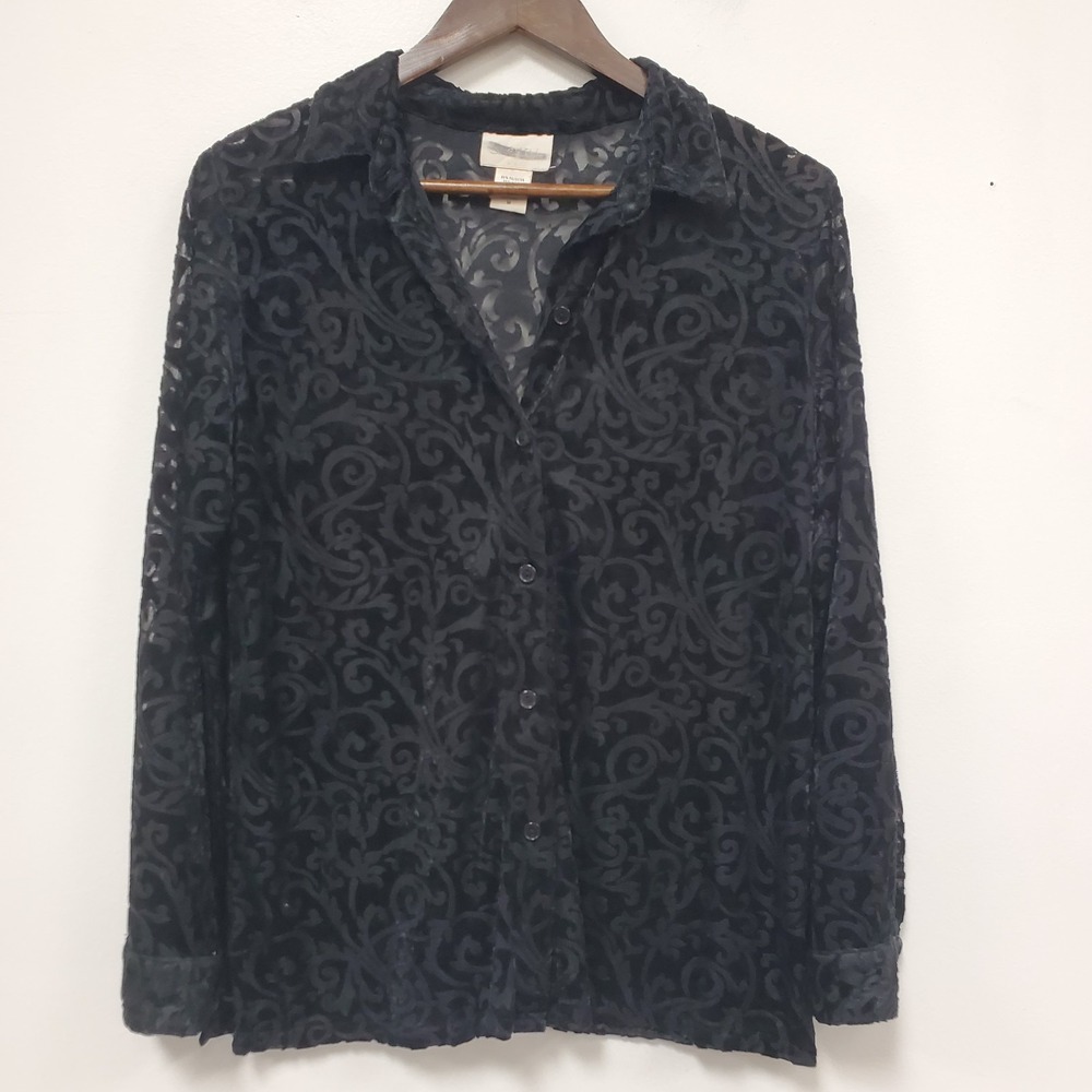 Studio Works Vintage Womens Velvet Burnout Button Up Shirt Size M Black Sheer